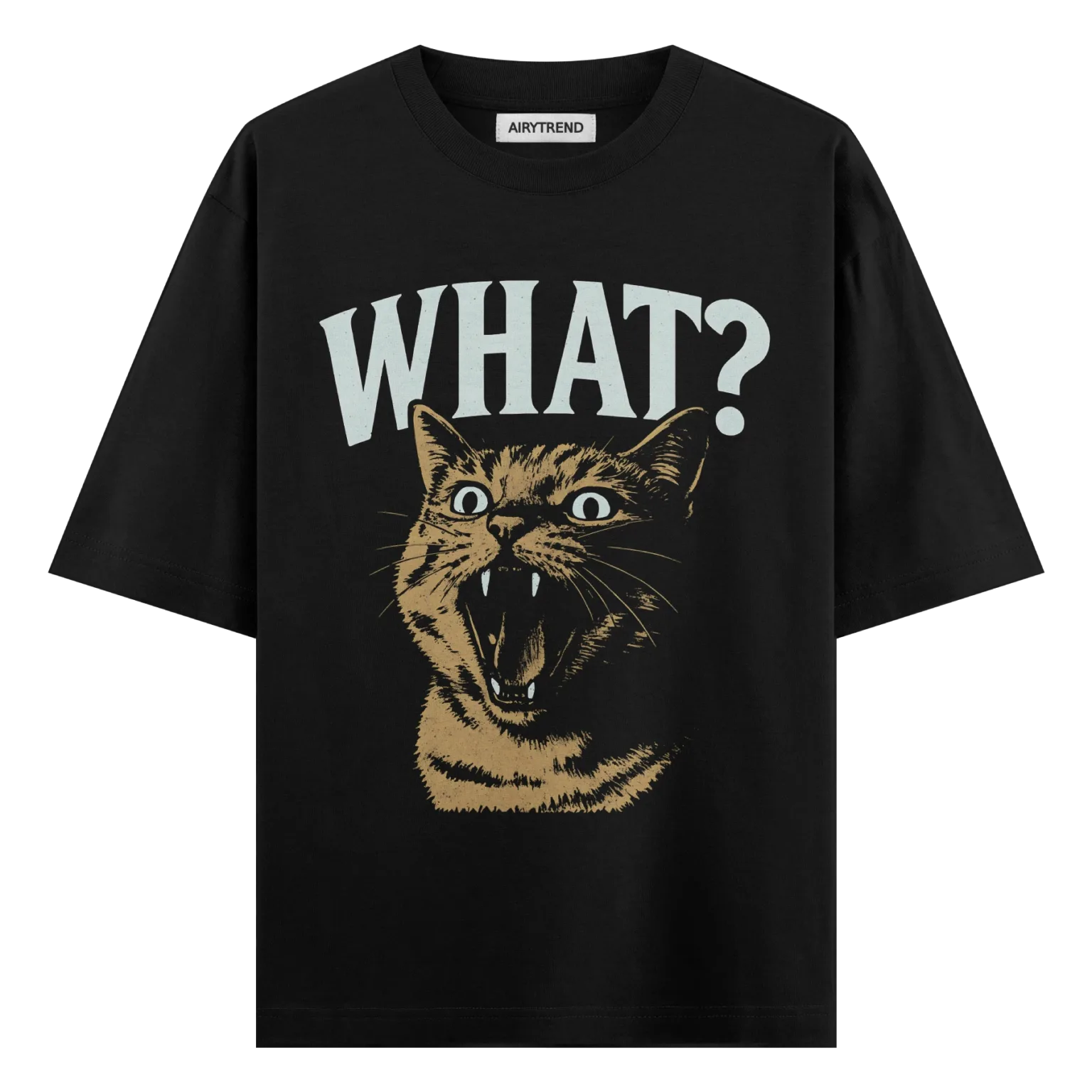WHAT?! Cat Graphic Oversized Black T-Shirt | Airytrend
