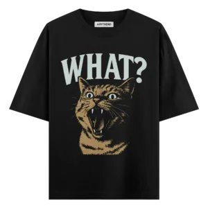 WHAT?! Cat Graphic Oversized Black T-Shirt | Airytrend