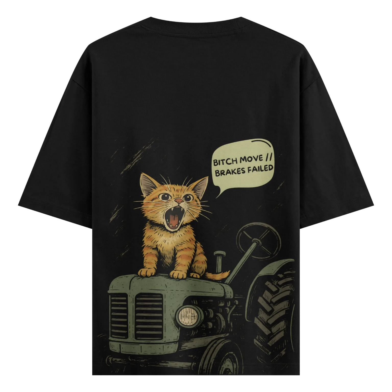 Funny Cat on Tractor T-Shirt – “Brakes Failed” Meme Tee | AiryTrend