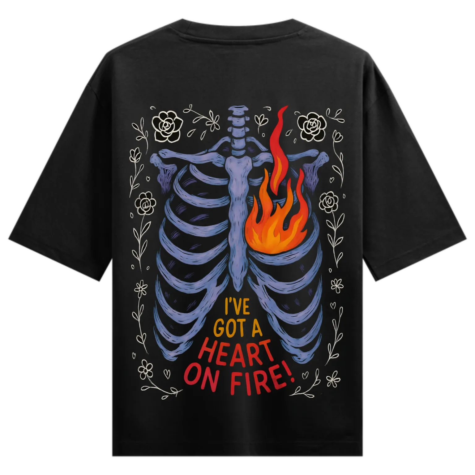 Heart on Fire Skeleton T-Shirt – Bold Ribcage Flame Graphic Tee