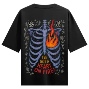 Heart on Fire Skeleton T-Shirt – Bold Ribcage Flame Graphic Tee