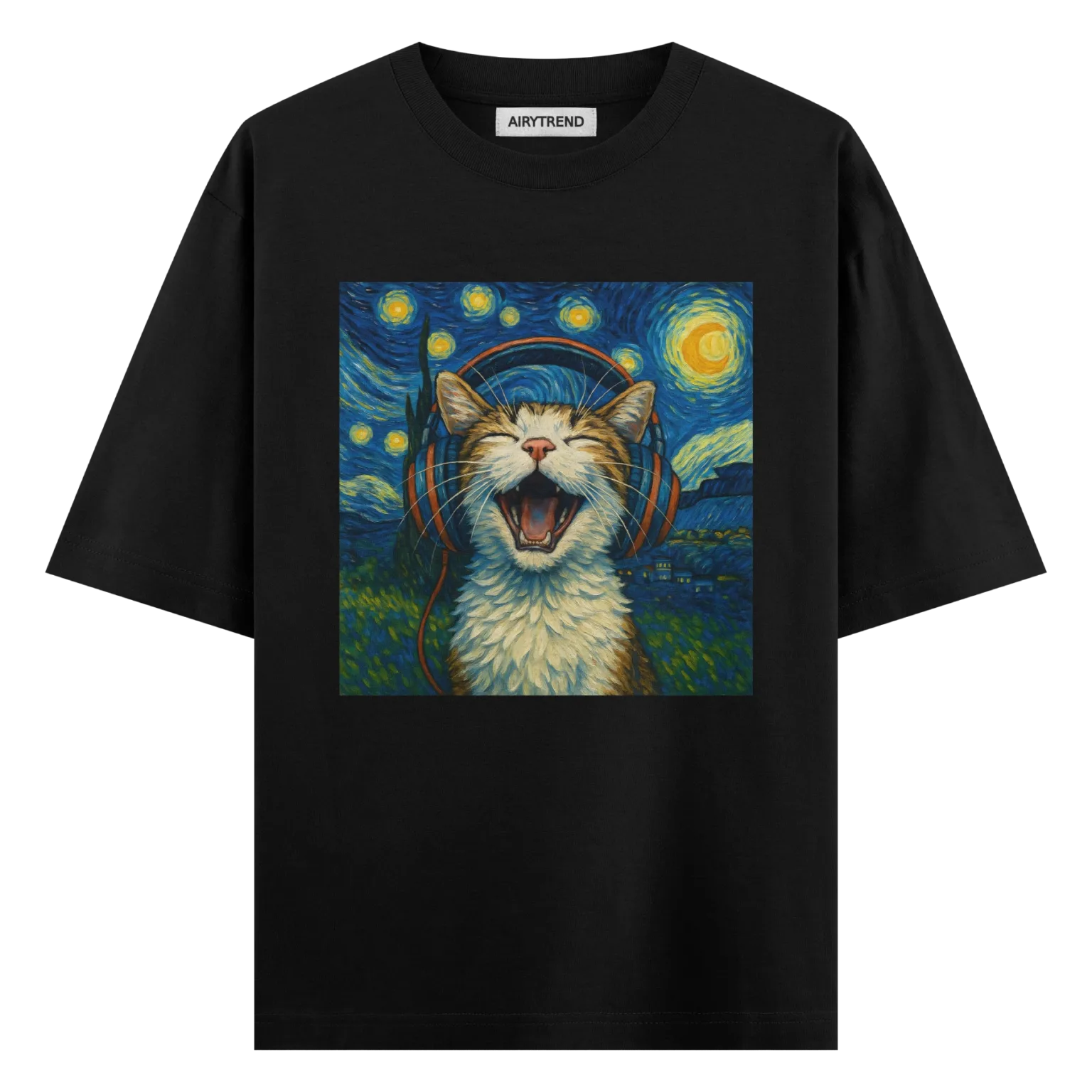 Funny Cat T-Shirt – Van Gogh Starry Night Cat with Headphones