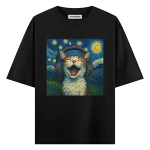 Funny Cat T-Shirt – Van Gogh Starry Night Cat with Headphones