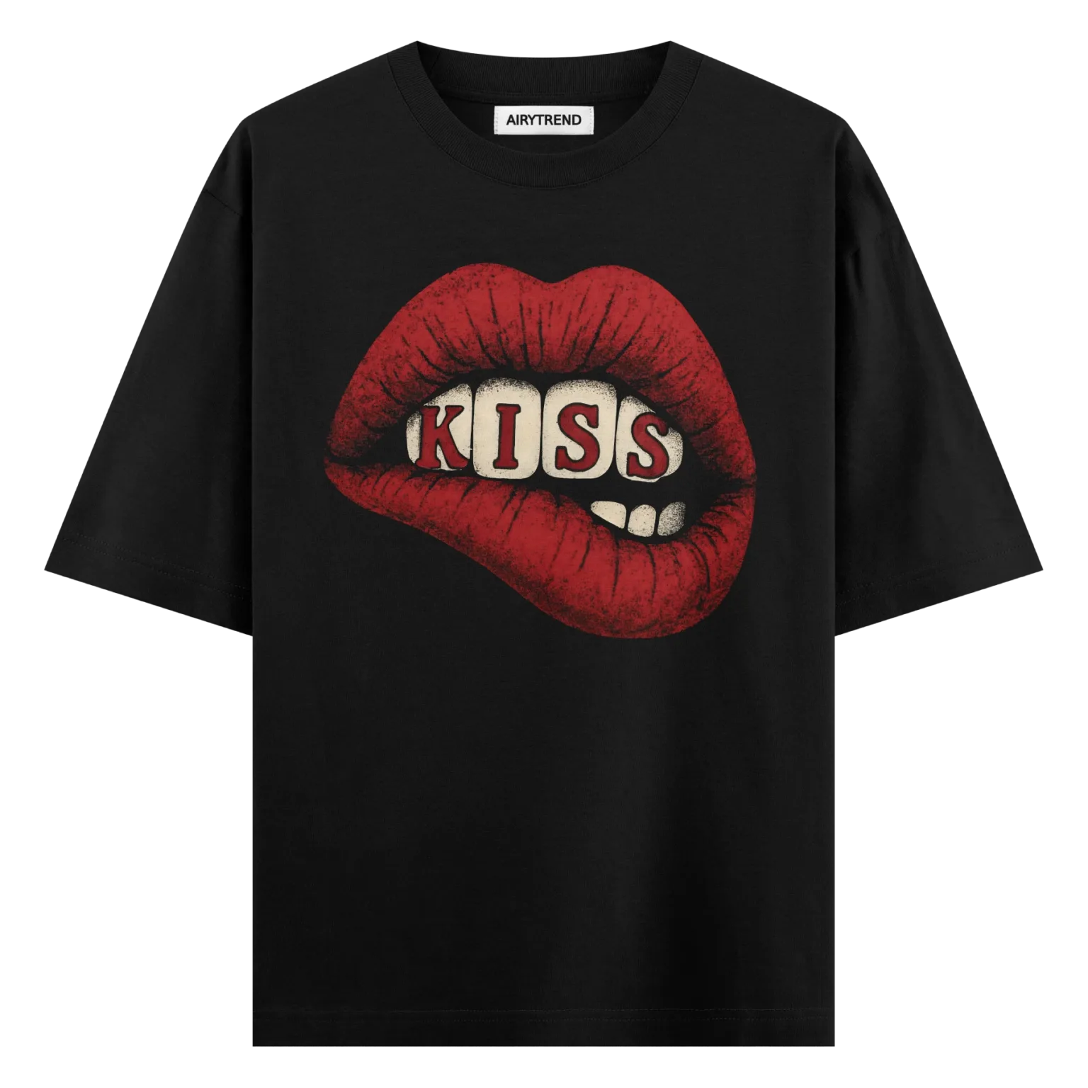 Bold Red Lips “KISS” T-Shirt – Edgy Graphic Oversized Tee by AiryTrend