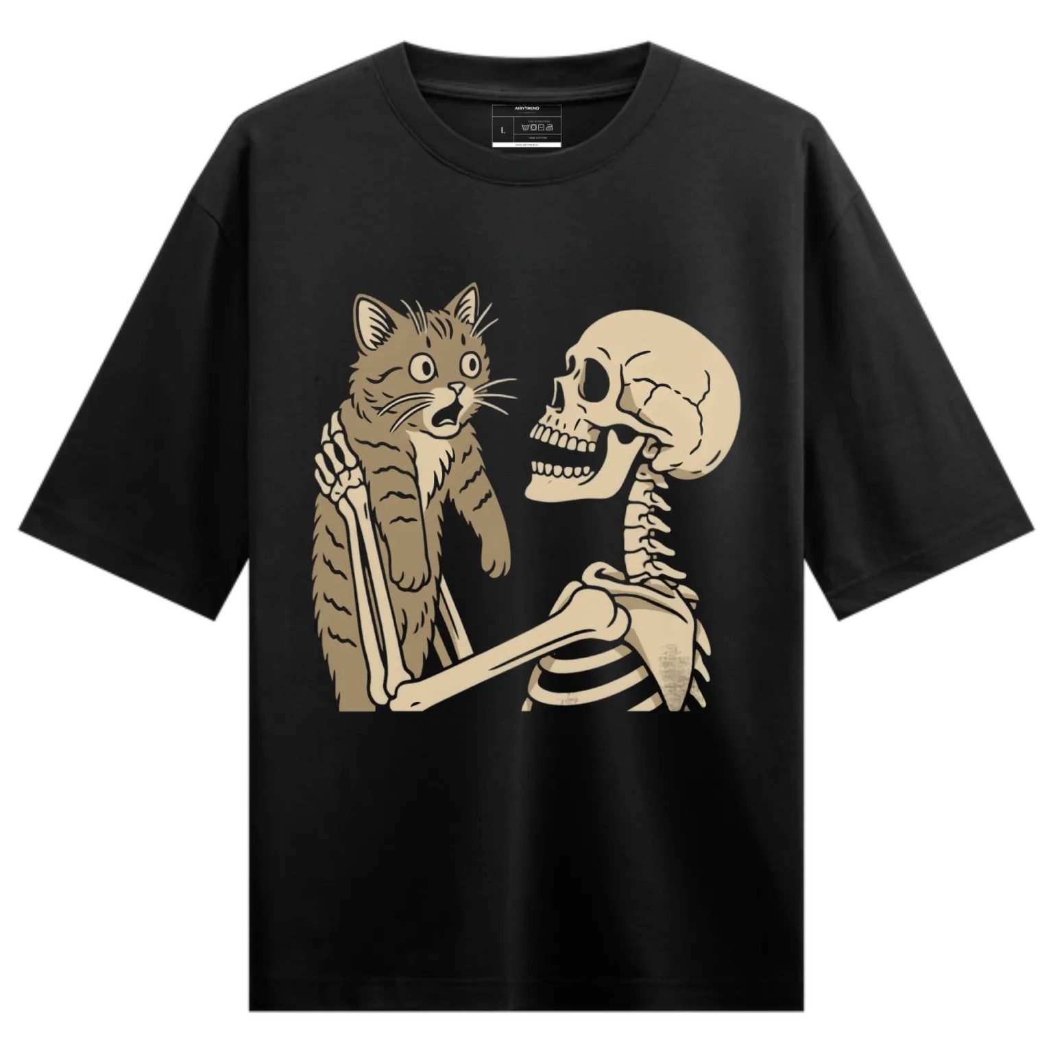 Funny Skeleton & Cat Graphic T-Shirt – Dark Humor Streetwear