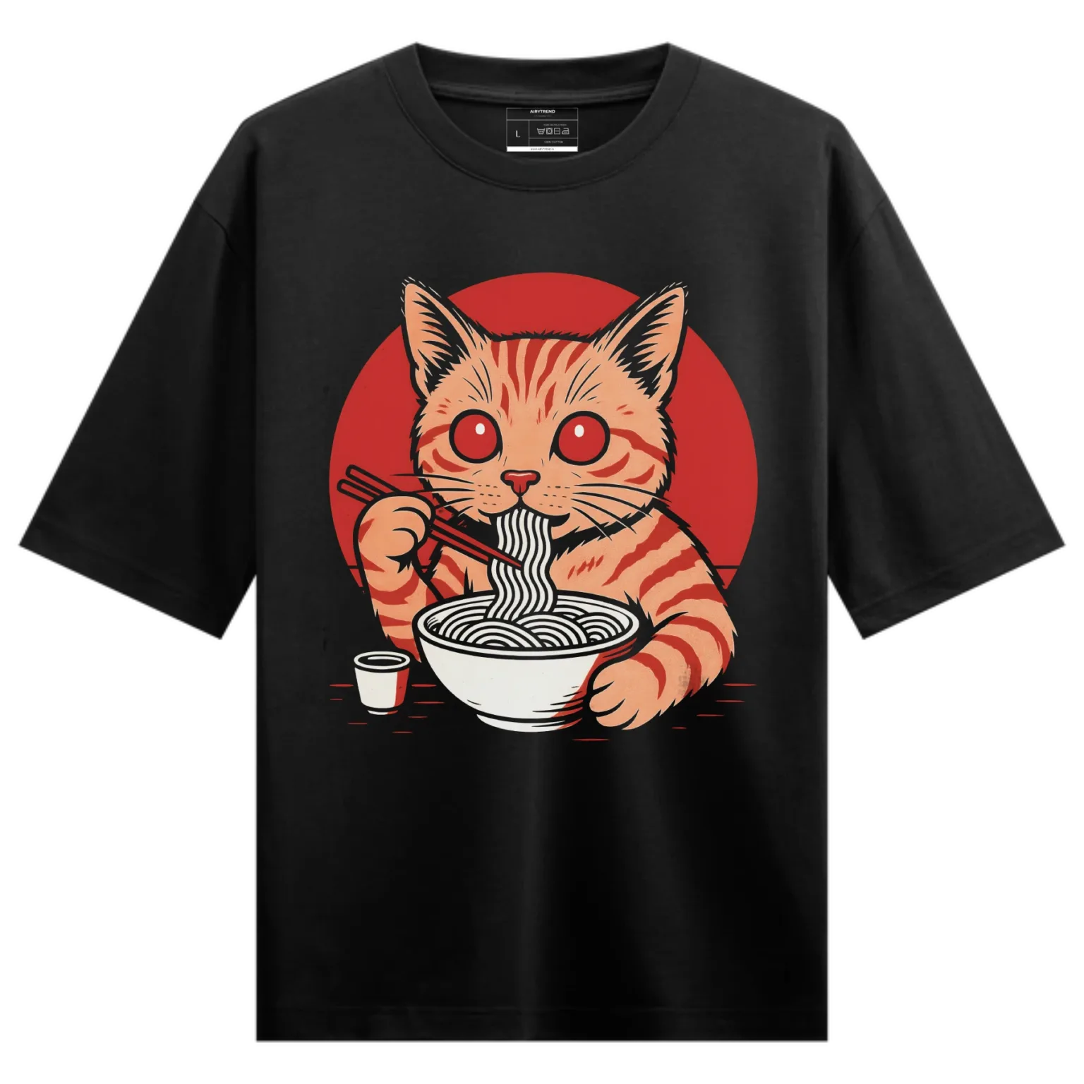 Airytrend Ramen Cat Oversized Graphic T-Shirt – Streetwear Style