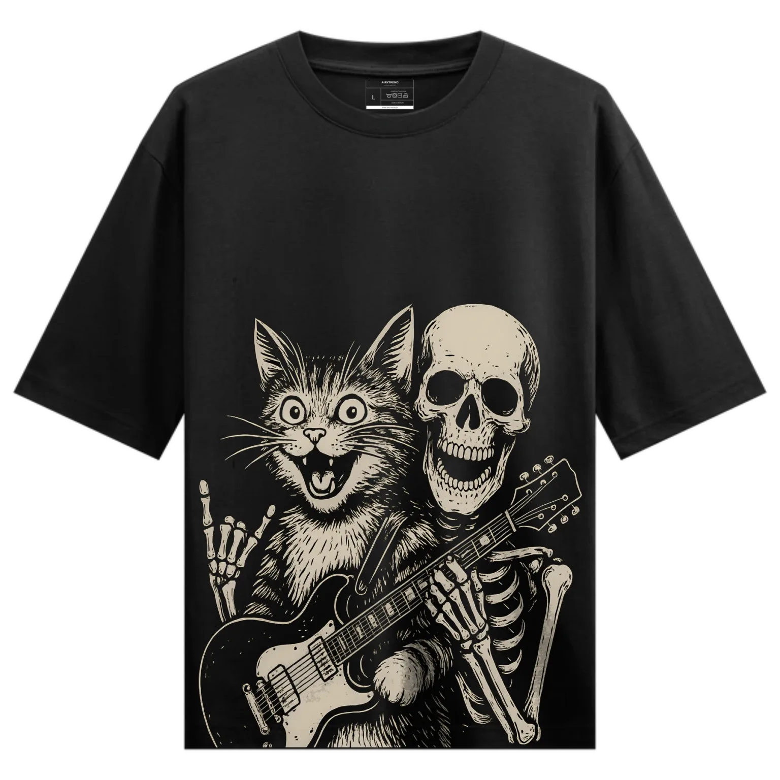 Rockin’ Skeleton & Cat Graphic Oversized T-Shirt
