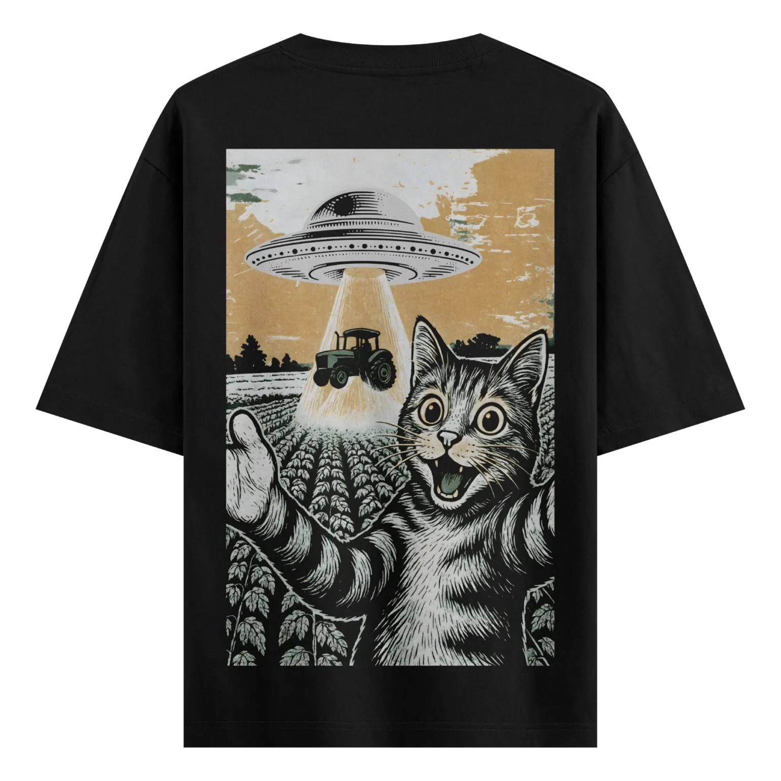 Alien Abduction Cat T-Shirt – UFO Tractor Comic Tee