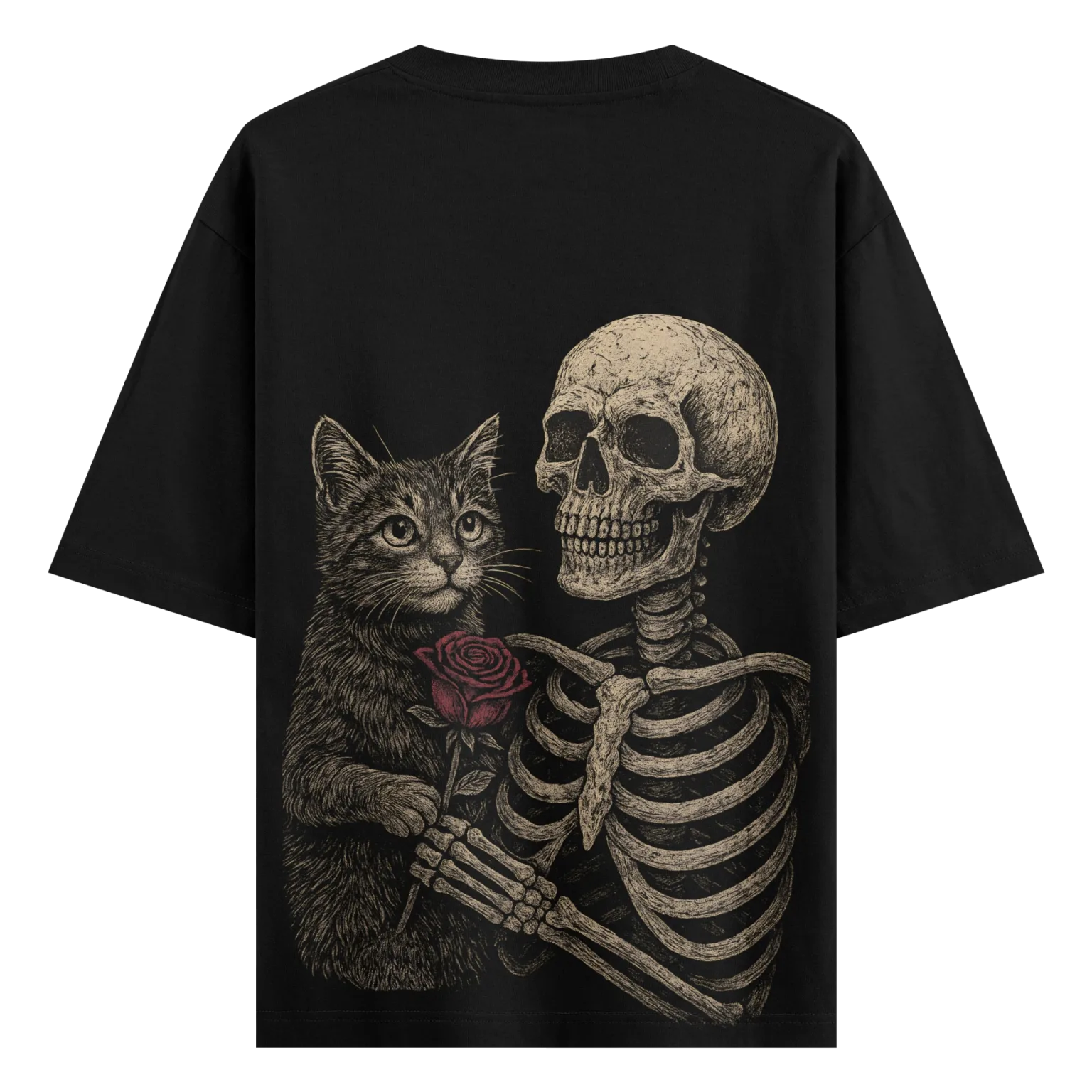 Vintage Skeleton & Cat T-Shirt – Eternal Bond Graphic Tee